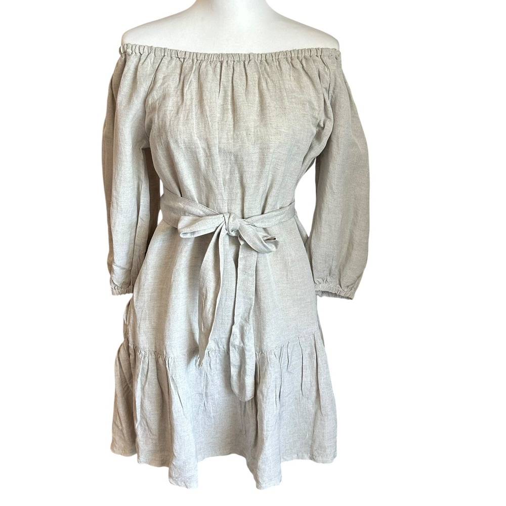 Tommy Bahama Dress Size S Tan St. Lucia Linen Blend Off-the-Shoulder Tiered